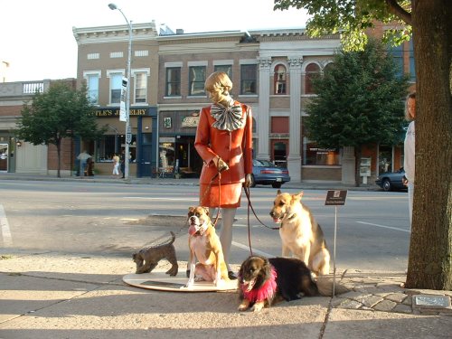 Schwartz, Coco & Sassy with Dog Walker Sculpture